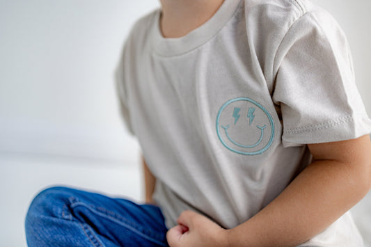 Toddler Embroidered Happy Face Smiley Tee - Bella Canvas - Heart Eye Smiley - Lightning Bolt Smiley - Trendy - Simple T Shirt