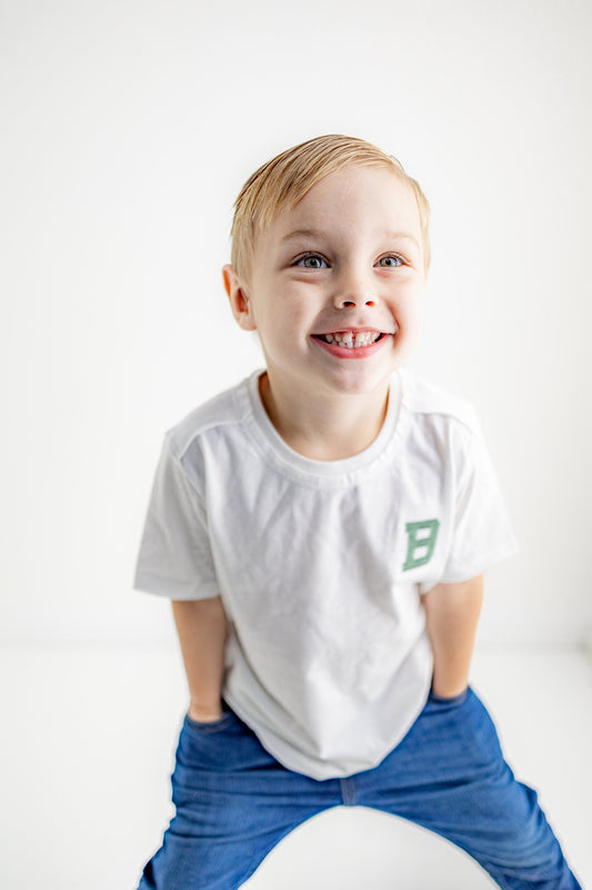 Organic Cotton Custom Varsity Initial Embroidered Toddler T-Shirt - Monogram - Short Sleeve Tee