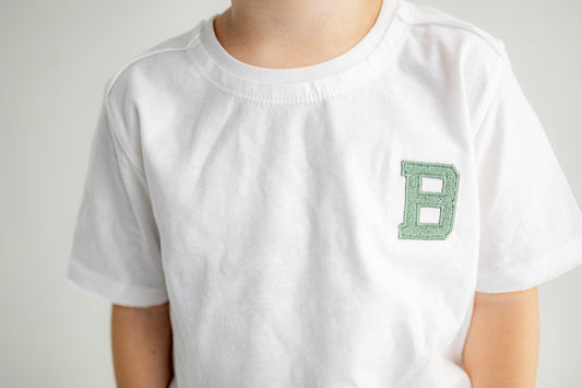 Organic Cotton Custom Varsity Initial Embroidered Toddler T-Shirt - Monogram - Short Sleeve Tee