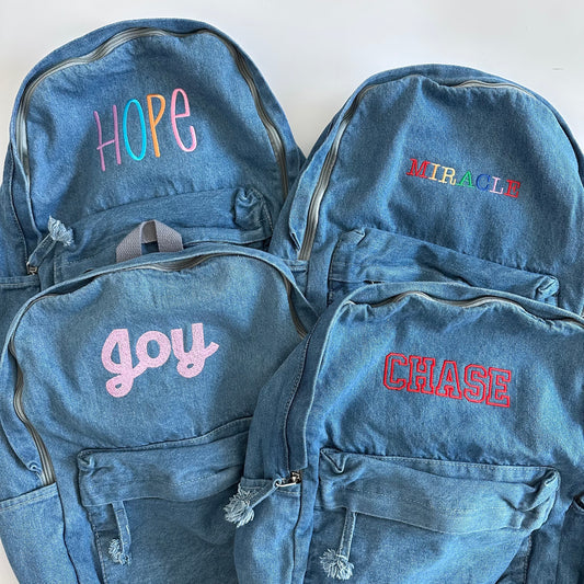 Personalized Monogrammed Embroidered Denim Name Backpack - Custom Denim Bag - Stitched Initial Monogram Kids Toddler Bag -