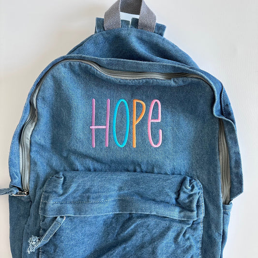 Personalized Monogrammed Embroidered Denim Name Backpack - Custom Denim Bag - Stitched Initial Monogram Kids Toddler Bag -