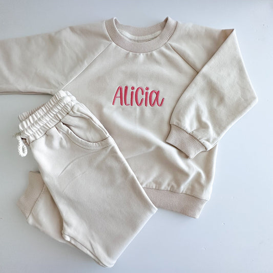 Custom Embroidered French Terry Sweatshirt Jogger Set - Organic Cotton - Personalized Name Set - Baby Toddler Two Piece Outfit Set -