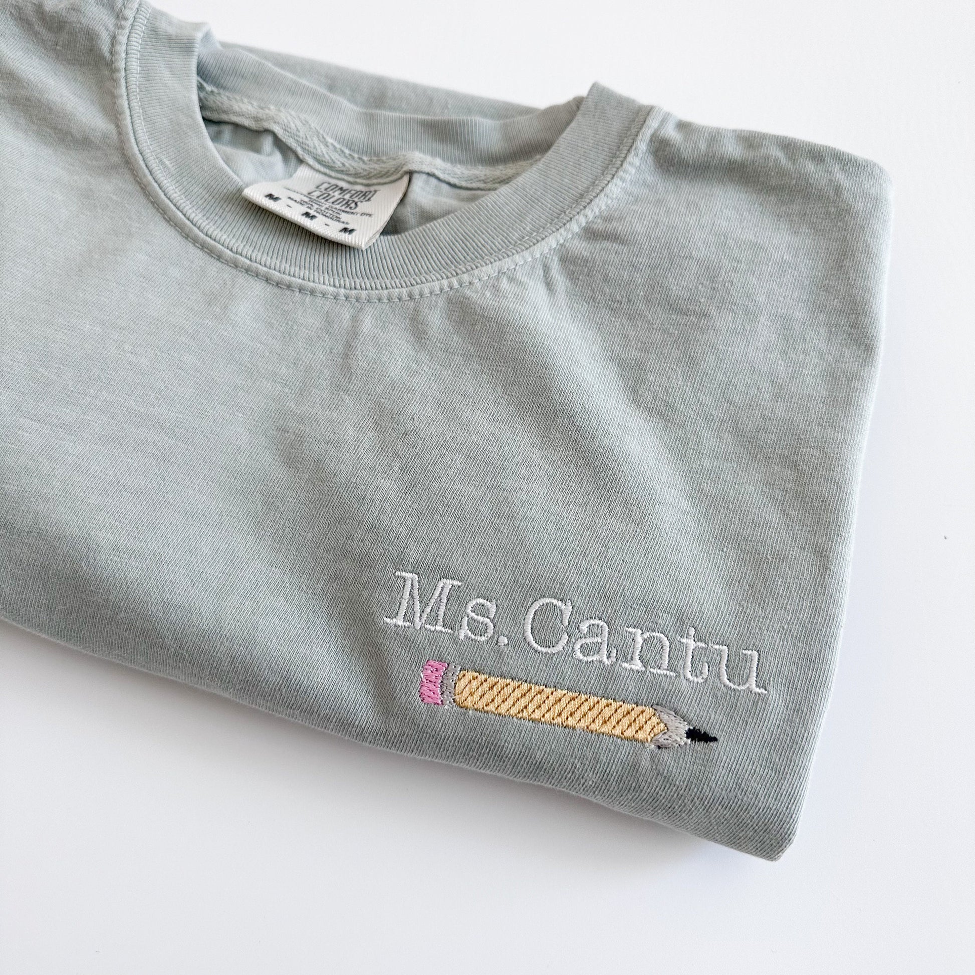 Comfort Colors Custom Embroidered Teacher Name Embroidered Short Sleeve Shirt - School Colors - Teacher Gift - Teacher Appreciation - Pencil