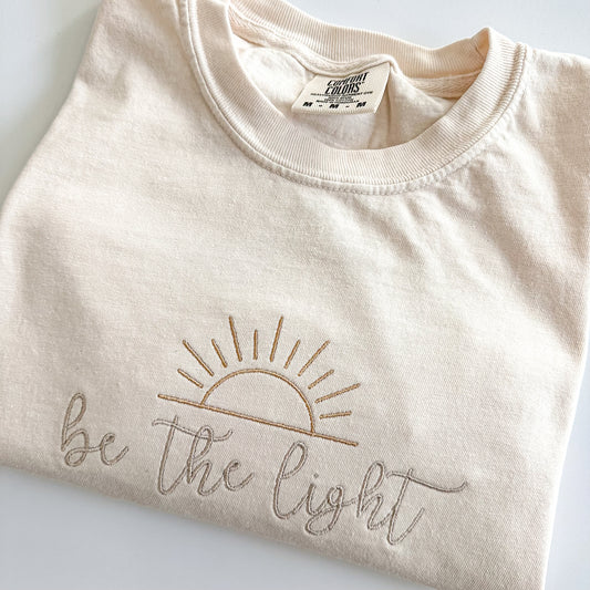 Comfort Colors Embroidered Be the Light Short Sleeve T Shirt - Christian T Shirt - Faith Base - Womens Embroidered T Shirt