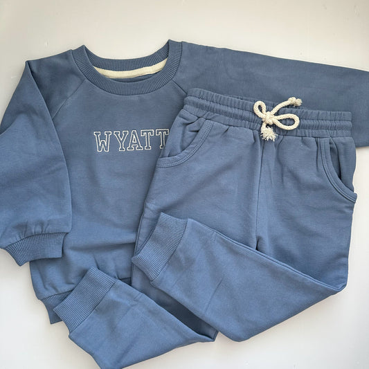 Custom Embroidered French Terry Sweatshirt Jogger Set - Organic Cotton - Personalized Name Set - Baby Toddler Two Piece Outfit Set -