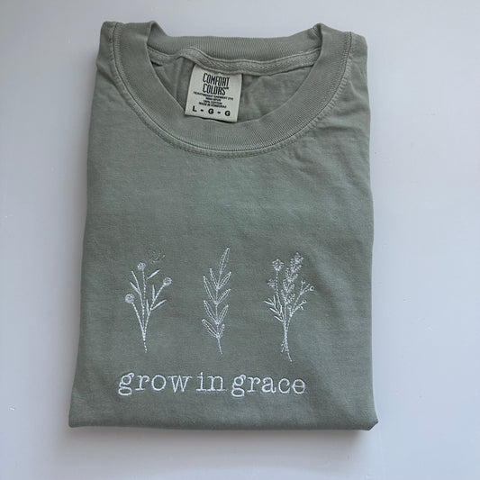 Grow in Grace Embroidered Comfort Colors T-Shirt - Short Sleeve Tee - Wildflower Floral Embroidery - Faith Apparel - Christian Based Tee