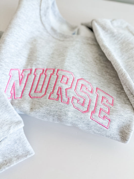 Embroidered Varsity NURSE Crewneck Sweatshirt - Jerzees Custom Sweater- Healthcare - Block Letter - RN BSN