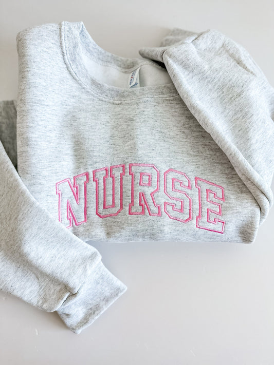 Embroidered Varsity NURSE Crewneck Sweatshirt - Jerzees Custom Sweater- Healthcare - Block Letter - RN BSN