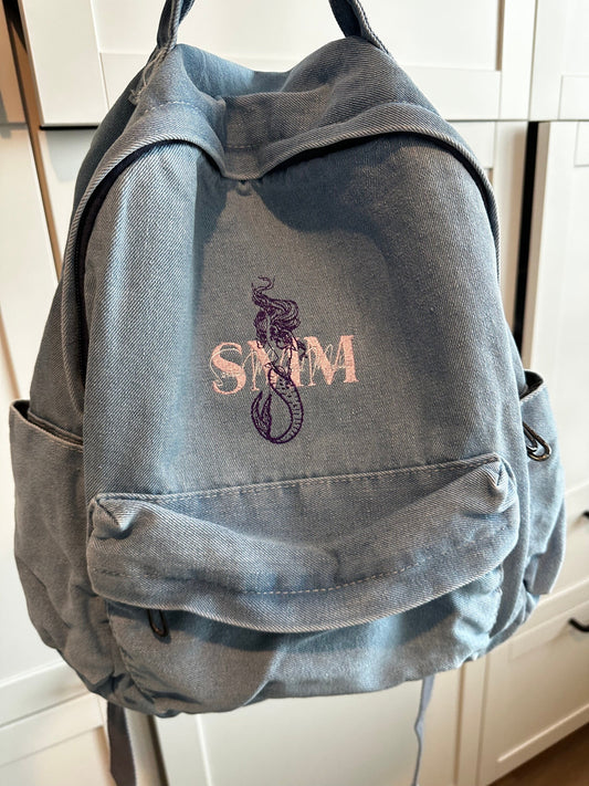 Custom Embroidered Denim Backpack - Small Business Logo - Personalized Denim Bag -