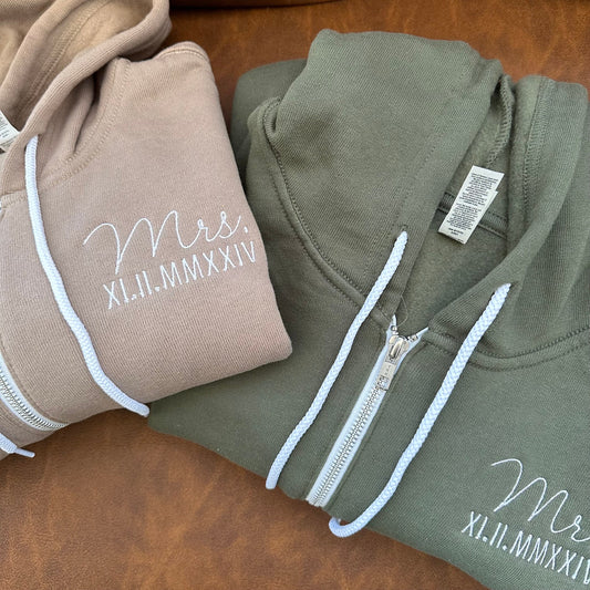 Custom Embroidered Roman Numeral Wedding Date Zip Up Sweatshirt - Custom Hoodie - Mr Mrs - Wedding Gift - Honeymoon - Bridal Sweatshirt