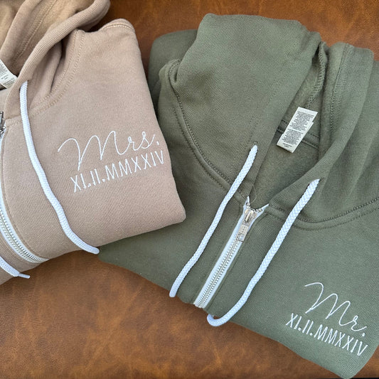 Custom Embroidered Roman Numeral Wedding Date Zip Up Sweatshirt - Custom Hoodie - Mr Mrs - Wedding Gift - Honeymoon - Bridal Sweatshirt