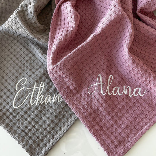 Custom Waffle Knit Embroidered Baby Blanket - Personalized Baby Gift - Name Announcment - Baby Shower Gift