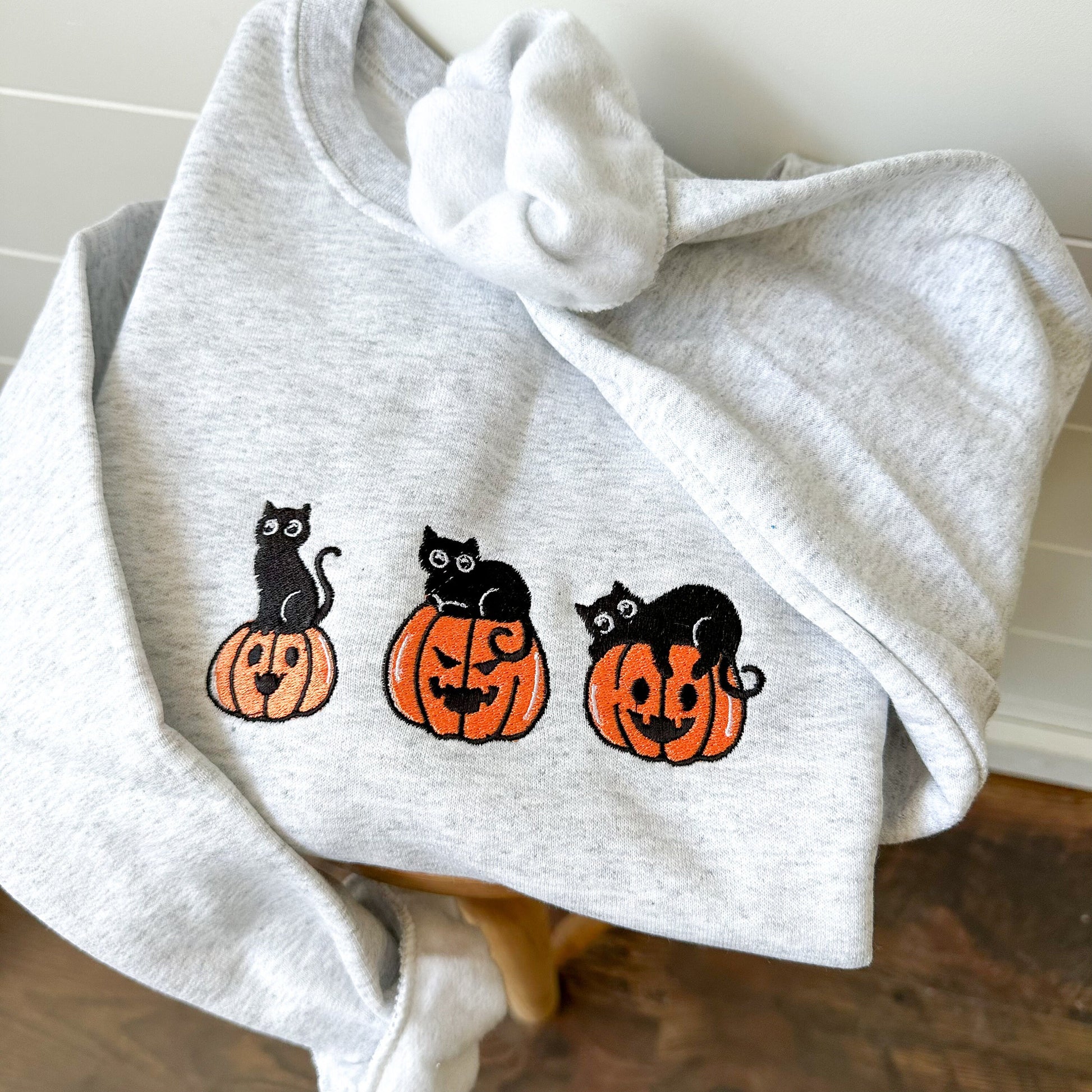 Embroidered Halloween Cat Sweatshirt - Halloween Themed Spooky Pullover - Cute Halloween Crewneck Sweater - Black Cat - Pumpkin