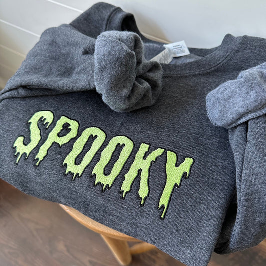 Embroidered Halloween Spooky Sweatshirt - Halloween Themed Spooky Pullover - Cute Halloween Crewneck Sweater - Drippy Letters