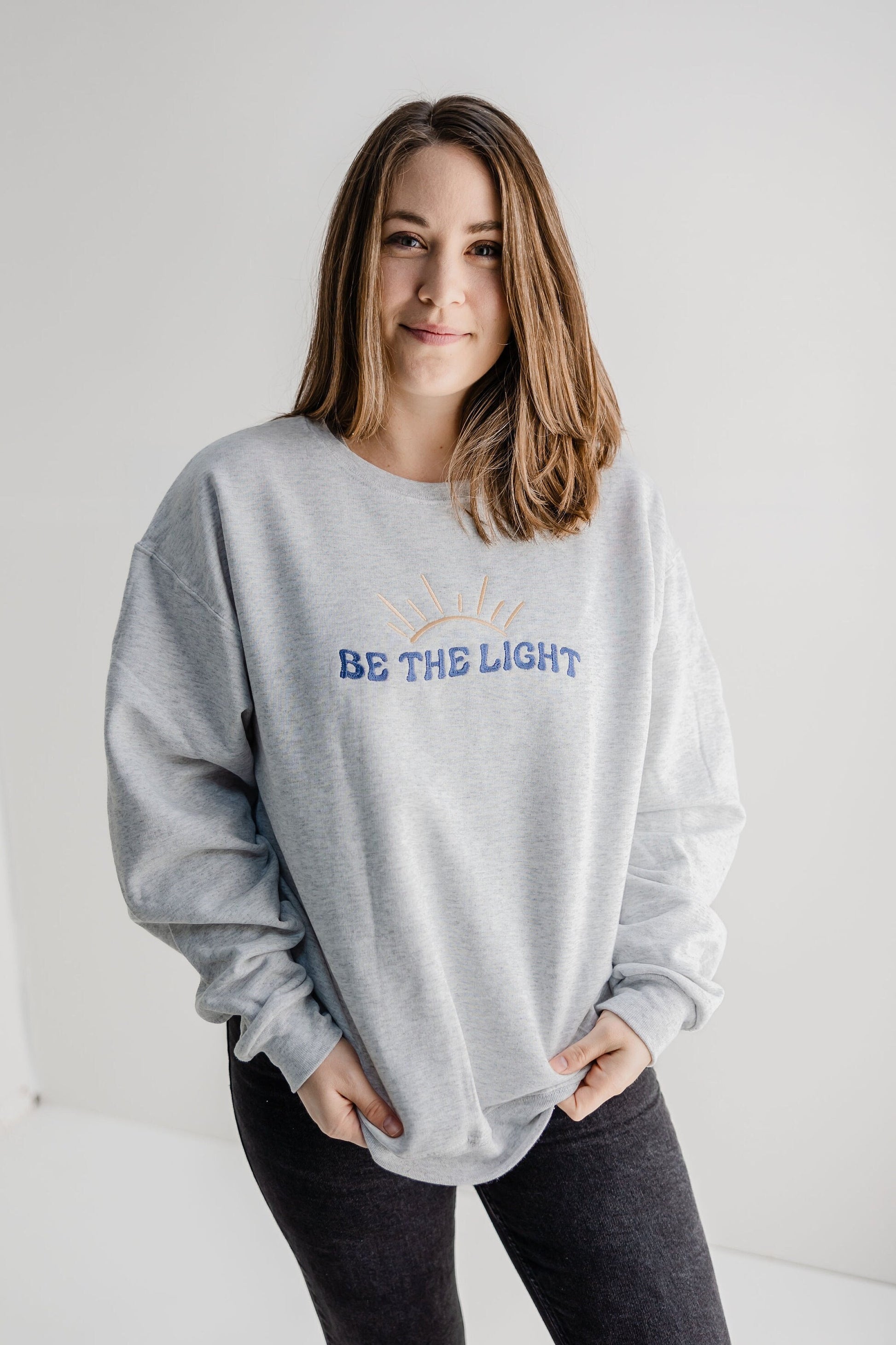 Embroidered Be the Light Sweatshirt - Womens Christian Sweater - Custom Embroidered Crewneck Pullover -