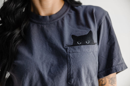 Comfort Colors POCKET Cat T Shirt - Spooky Black Cat Embroidered Tee - Short Sleeve - Halloween