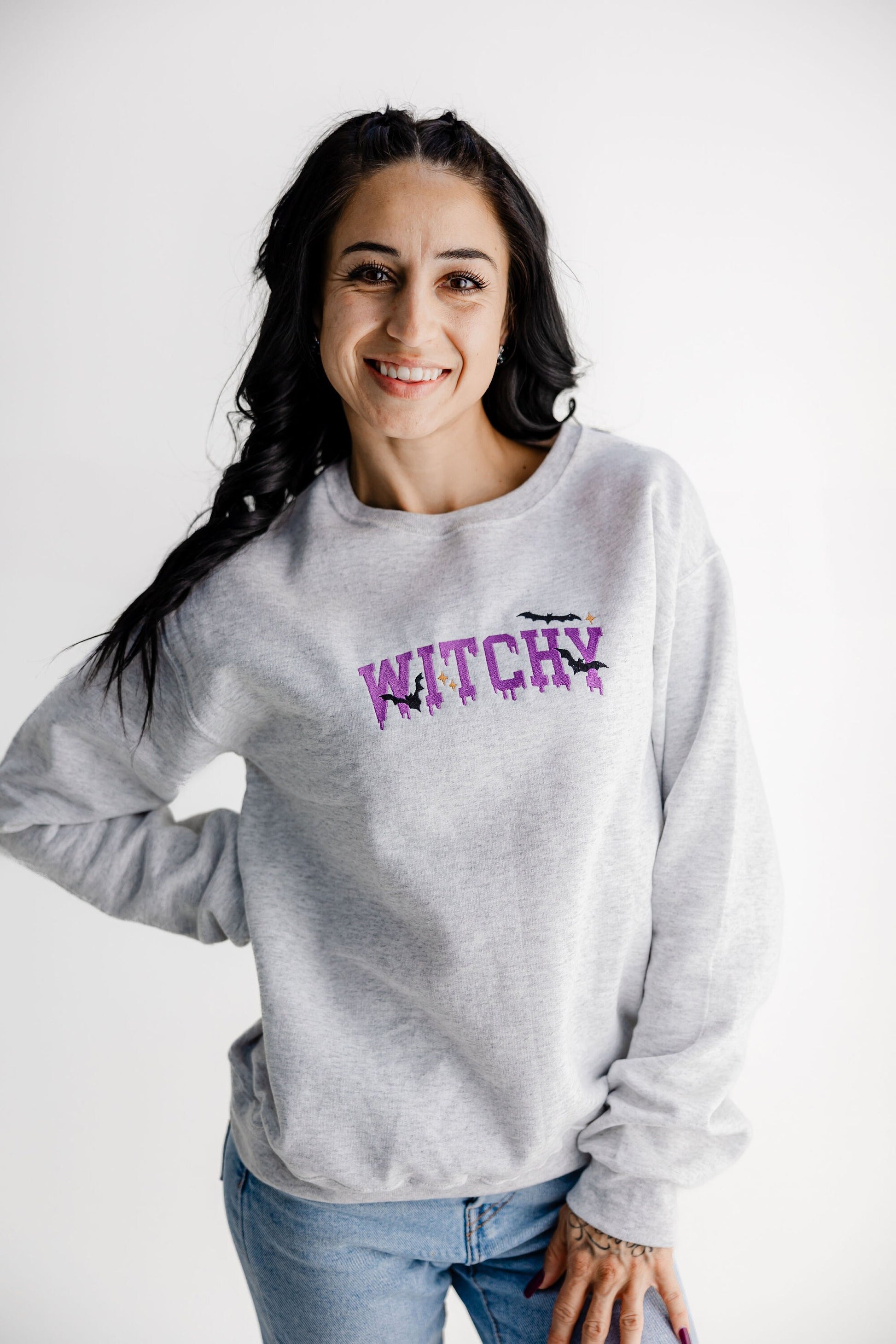 Embroidered Halloween Witchy Sweatshirt - Halloween Themed Spooky Pullover - Cute Halloween Crewneck Sweater