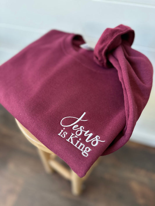 Embroidered Jesus is King Sweatshirt - Women's Christian Faith Based Apparel - Custom Embroidered Crewneck Sweater - Faith