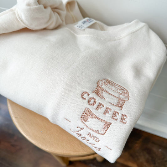 Embroidered Coffee & Jesus Crewneck Sweatshirt - Cozy Cute Sweaters - Coffee Lover - Christian Apparel - Women's Sweater - Faith