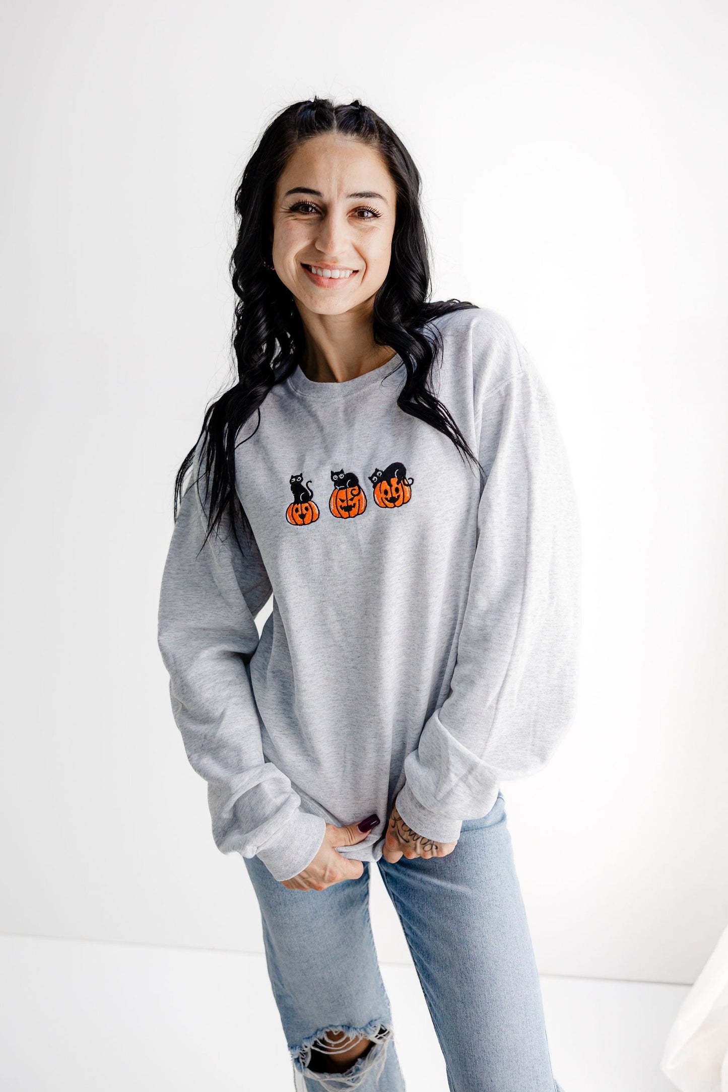 Embroidered Halloween Cat Sweatshirt - Halloween Themed Spooky Pullover - Cute Halloween Crewneck Sweater - Black Cat - Pumpkin