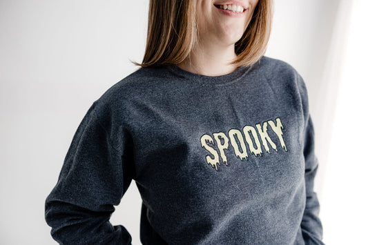 Embroidered Halloween Spooky Sweatshirt - Halloween Themed Spooky Pullover - Cute Halloween Crewneck Sweater - Drippy Letters