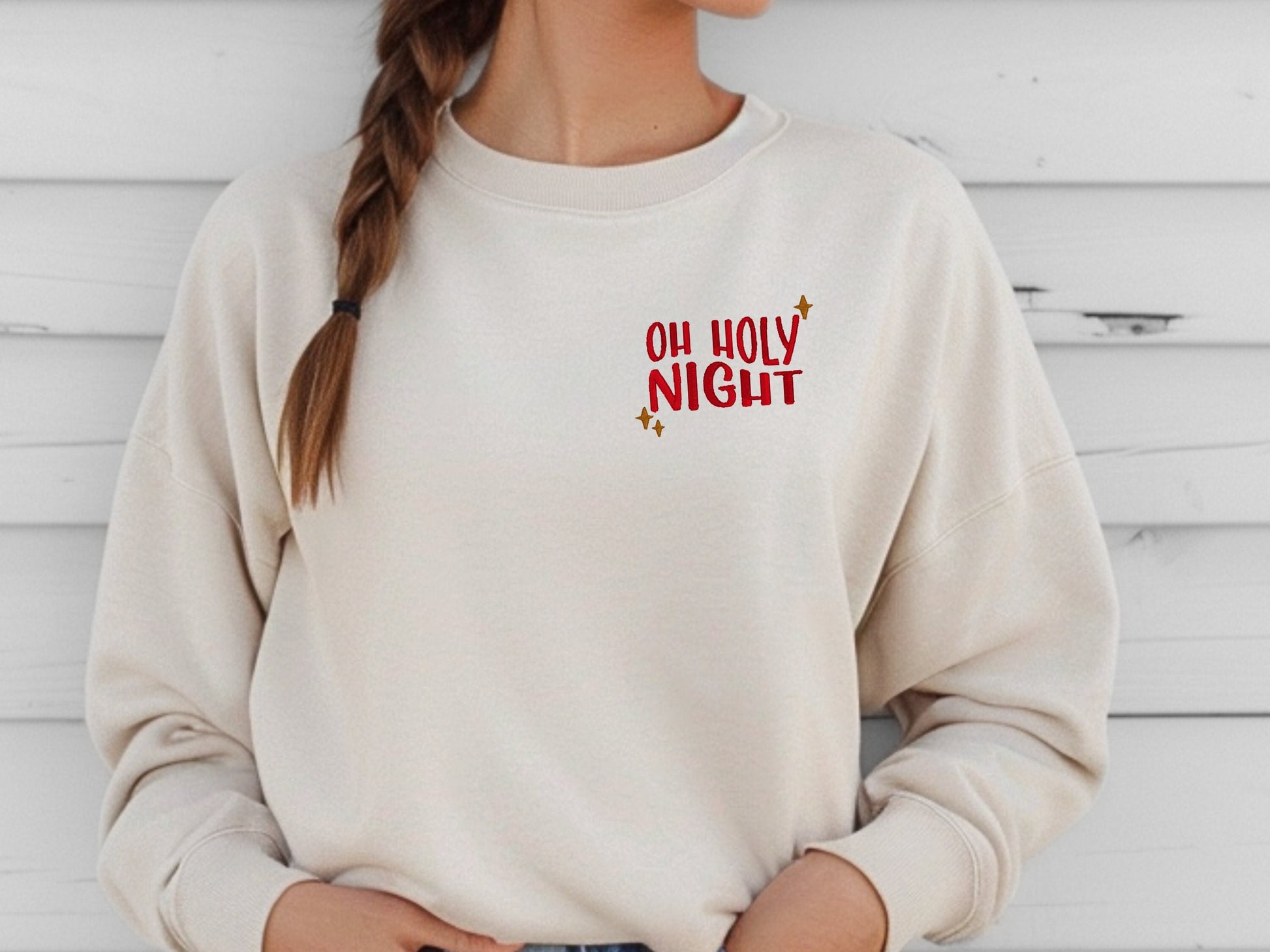 Embroidered O Holy Night Crewneck Sweatshirt - Jerzees Sweater- Faith Christmas - Holiday Apparel for Women - Christian Sweater