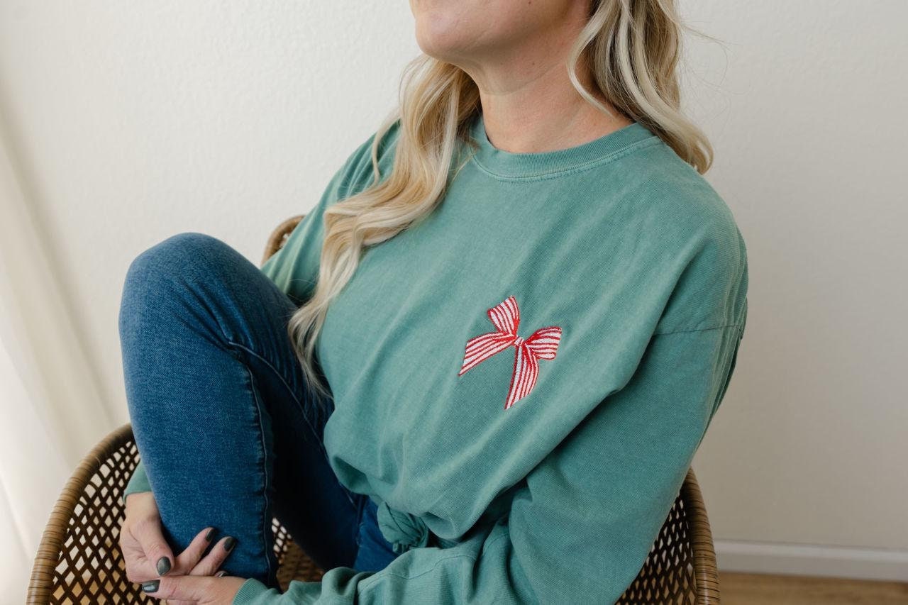 Long Sleeve Comfort Colors Embroidered Bow - Striped Christmas Bow - Cute Coquette Bow - Christmas T Shit - Peppermint Bow - Girly Shirt