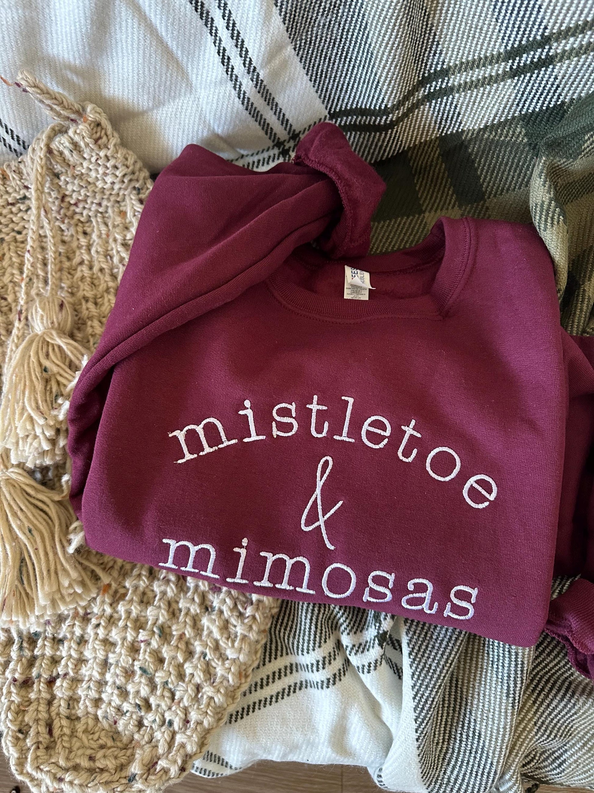 Embroidered Mistletoe and Mimosas Crewneck Sweatshirt - Holiday Sweater - Custom Made Embroidered Crew - Cute Christmas Sweater