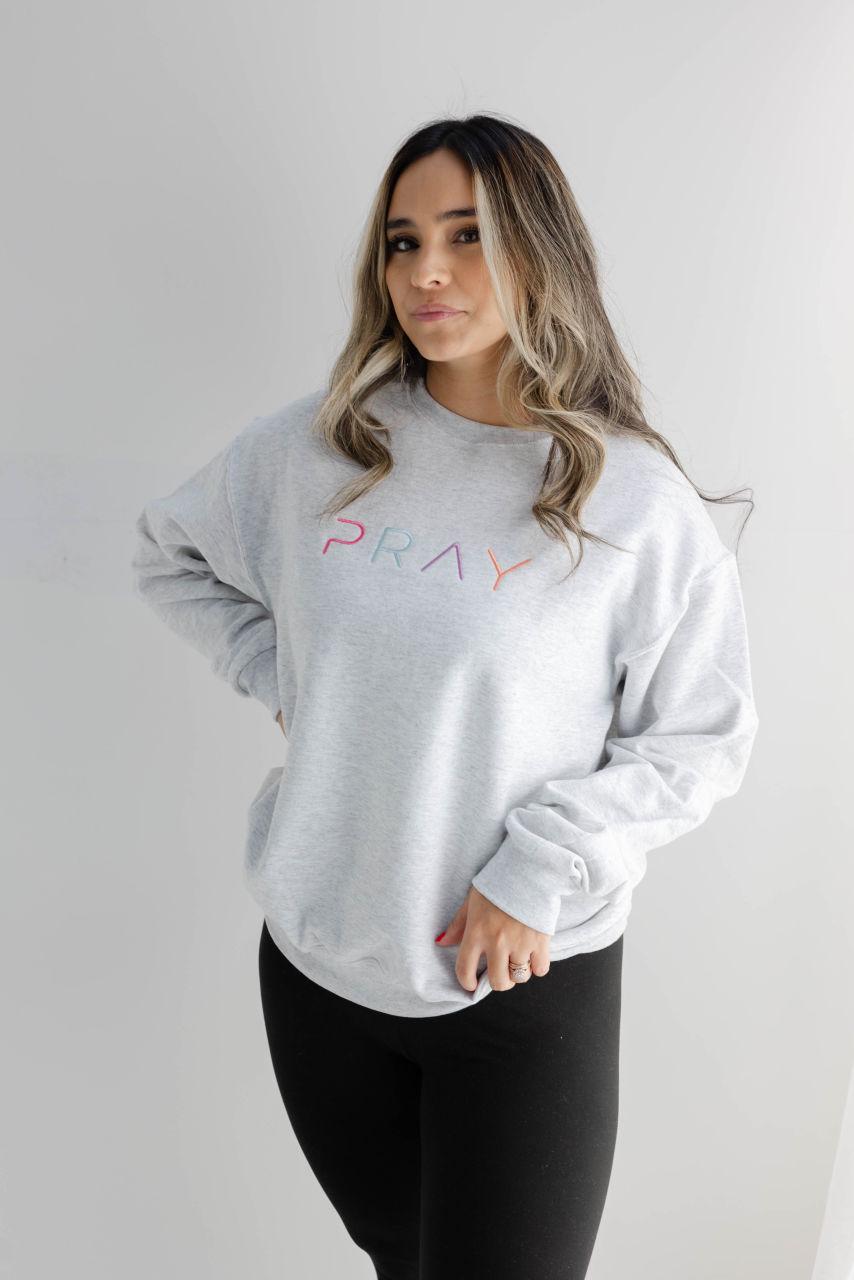 Embroidered PRAY Sweatshirt - Womens Christian Sweater - Multicolor Minimal Sweatshirt - Faith Based Apparel Crewneck Sweatshirt for Women