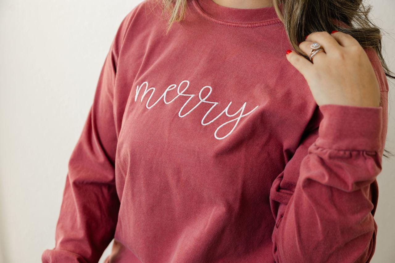 Long Sleeve Comfort Colors Embroidered Merry Shirt - Christmas Tee - Cute Shirt for Women - Christmas T Shirt