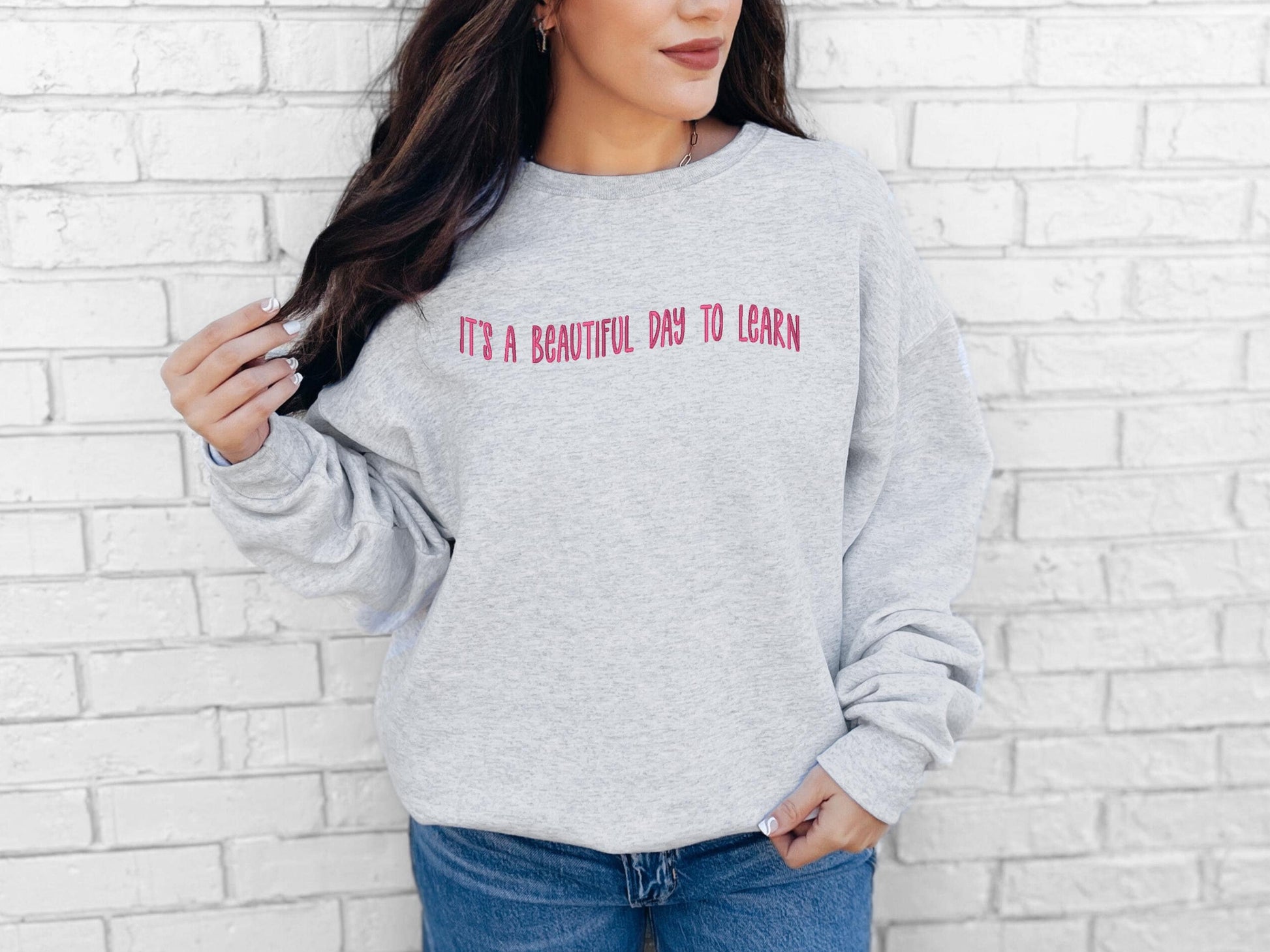 Embroidered It's a Beautiful Day to Learn Crewneck Sweatshirt - Custom Crewneck for Teacher - Teacher Gift - Teacher Appreciation - Jerzees