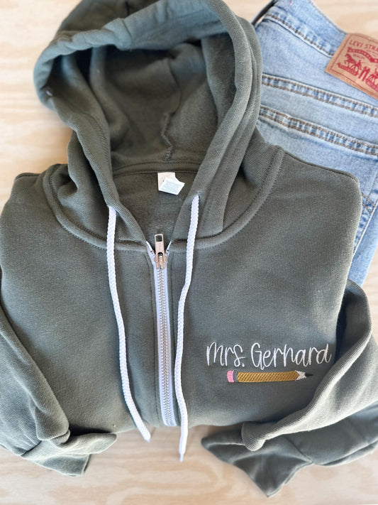 Personalized Teacher Embroidered Zip Up Hoodie Sweatshirt - Teacher Appreciation Gift - Custom Name Hoodie - Spirt Wear - School Hoodie