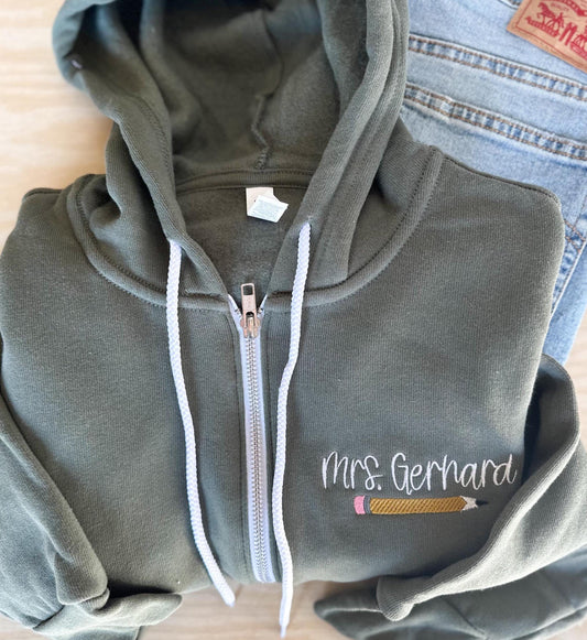 Personalized Teacher Embroidered Zip Up Hoodie Sweatshirt - Teacher Appreciation Gift - Custom Name Hoodie - Spirt Wear - School Hoodie