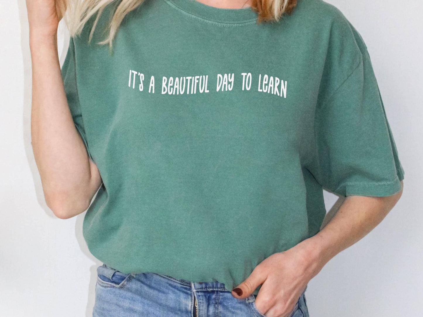 Comfort Colors Embroidered It's a Beautiful Day to Learn - Cute Teacher T Shirt - Short Sleeve Embroidered Shirt - Teacher Appreciation Gift