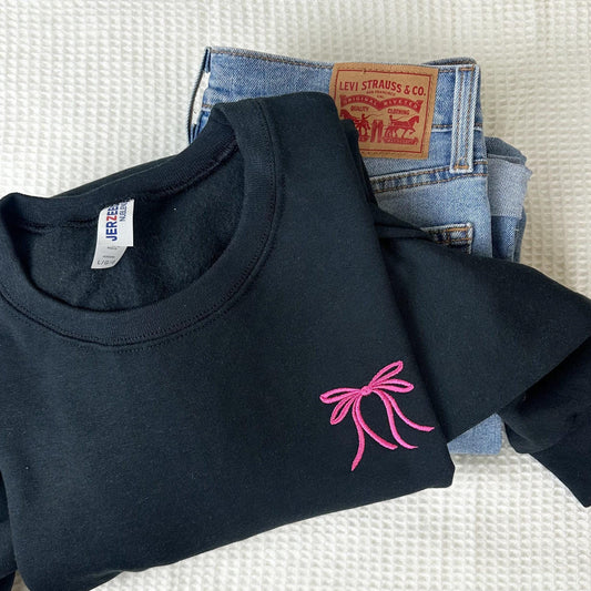 Embroidered Bow Sweatshirt - Cute Bow Sweater - Coquette Crewneck Sweater - Mom Gift - Minimal Girly Sweatshirt