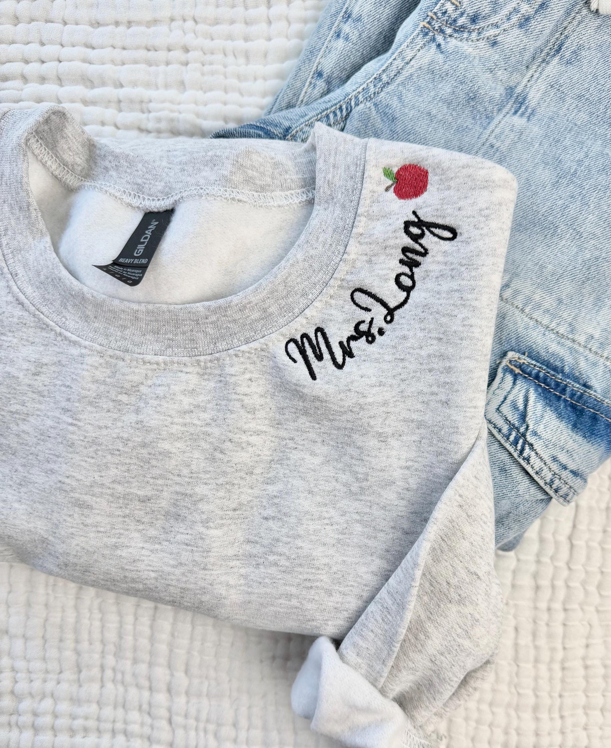 Embroidered Teacher Neckline Sweater- Apple Teacher Crewneck Sweater - Personalized Teacher Name - Teacher Appreciation -Back to School