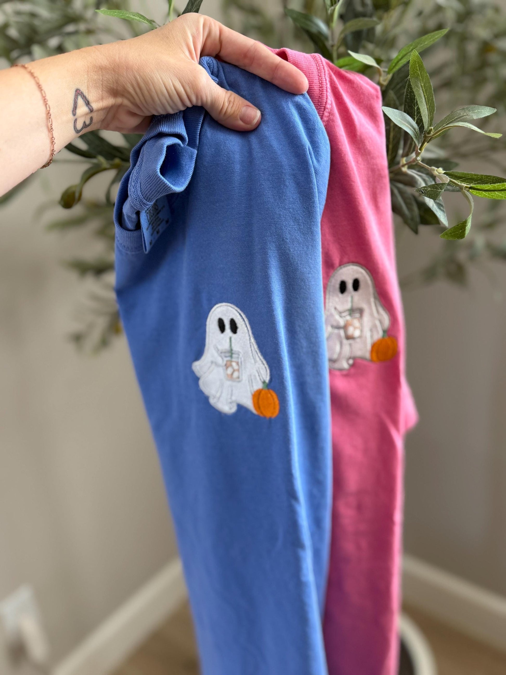 Coffee Lover Ghost Embroidered Tee - Cute Halloween Tee - Comfort Colors Halloween T Shirt