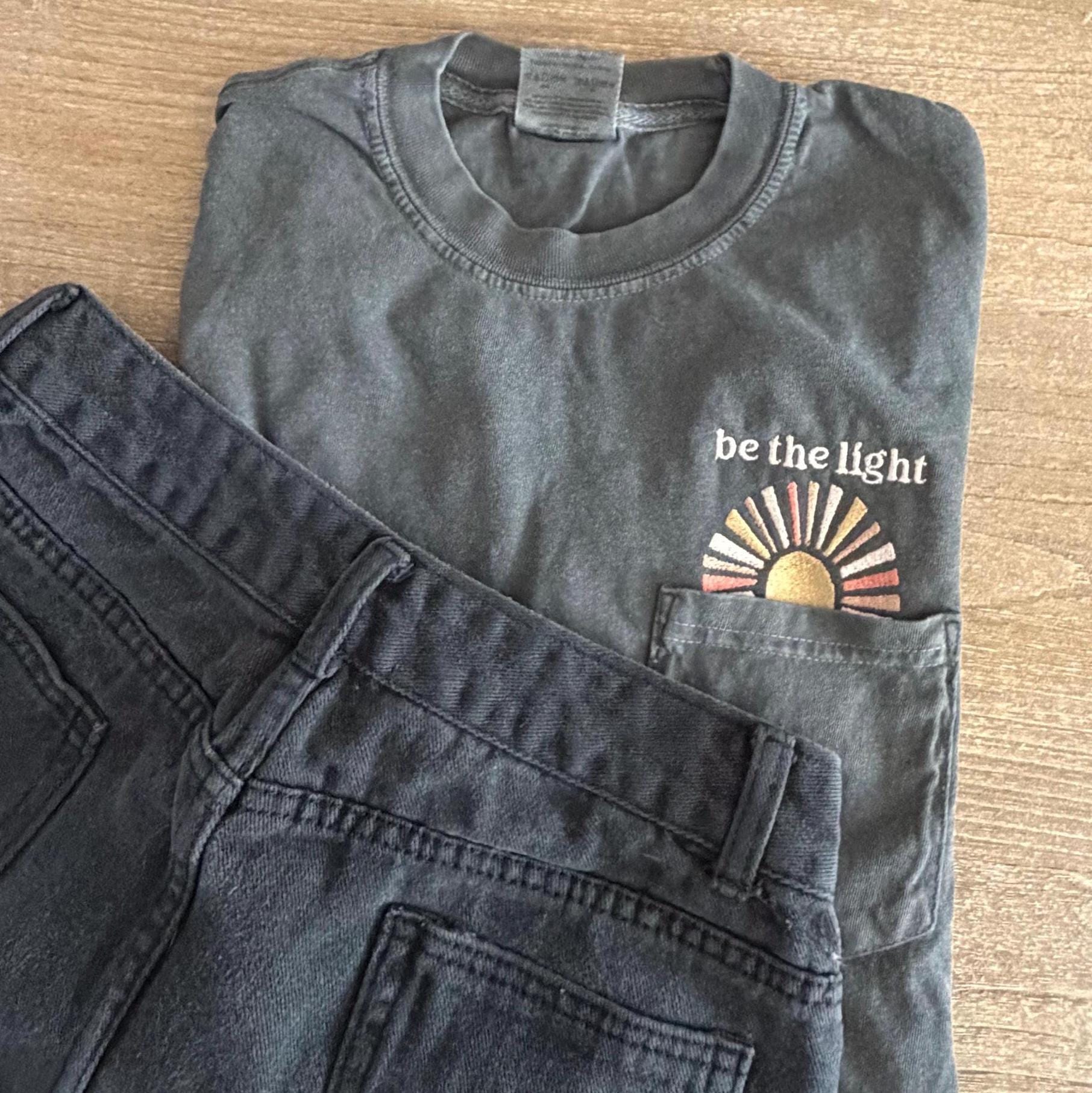 Be The Light Sun Embroidered Pocket Tee - Faith Based Embroidered Shirt - Cute Christian T Shirt - Pocket Design