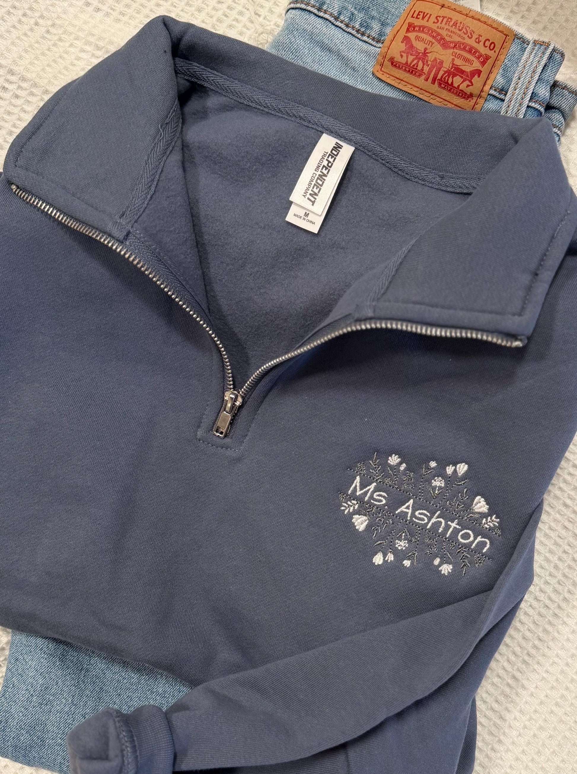 Embroidered Floral Teacher Quarter Zip - Personalized Teacher Gift - Custom Name Teacher Sweatshirt -