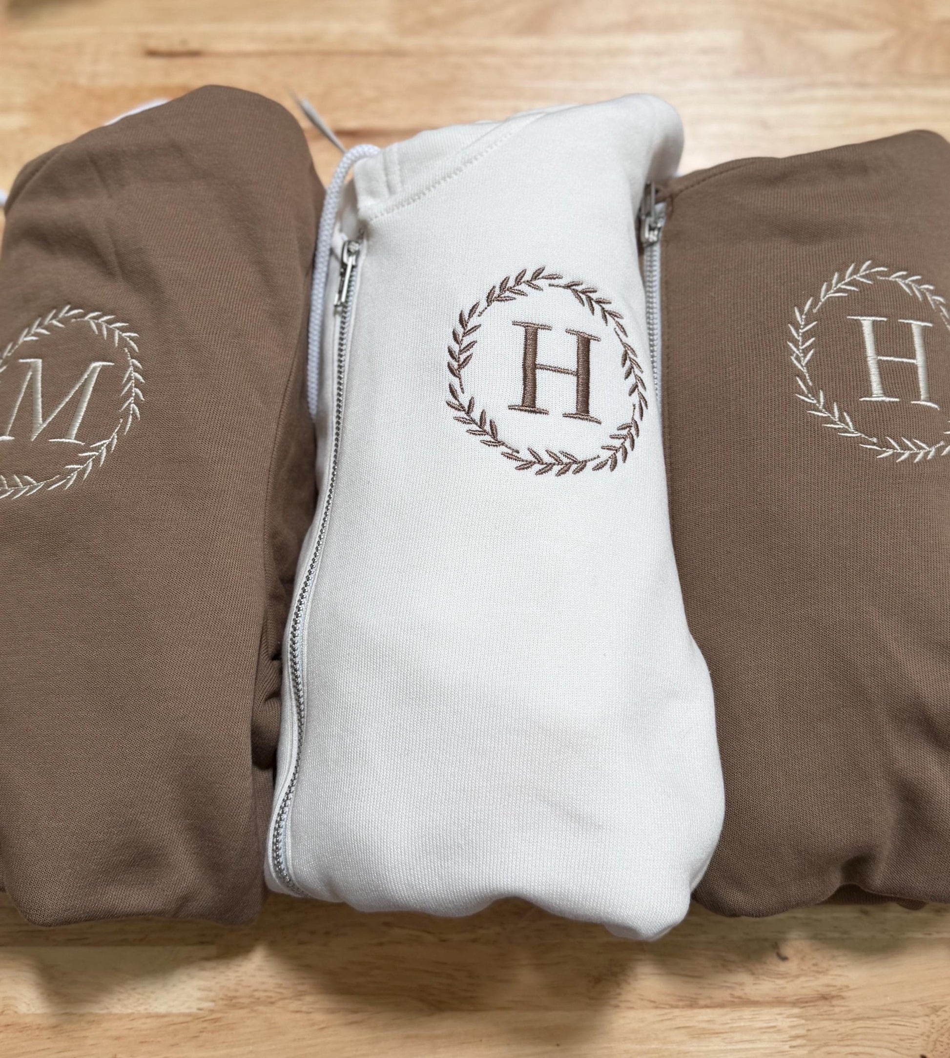 Custom Embroidered Leafy Initial Monogrammed Sweatshirt - Wedding Party Zip Up Sweatshirt - Custom Hoodie - Mr Mrs - Wedding Gift -