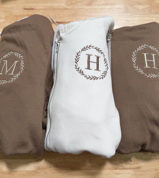 Custom Embroidered Leafy Initial Monogrammed Sweatshirt - Wedding Party Zip Up Sweatshirt - Custom Hoodie - Mr Mrs - Wedding Gift -