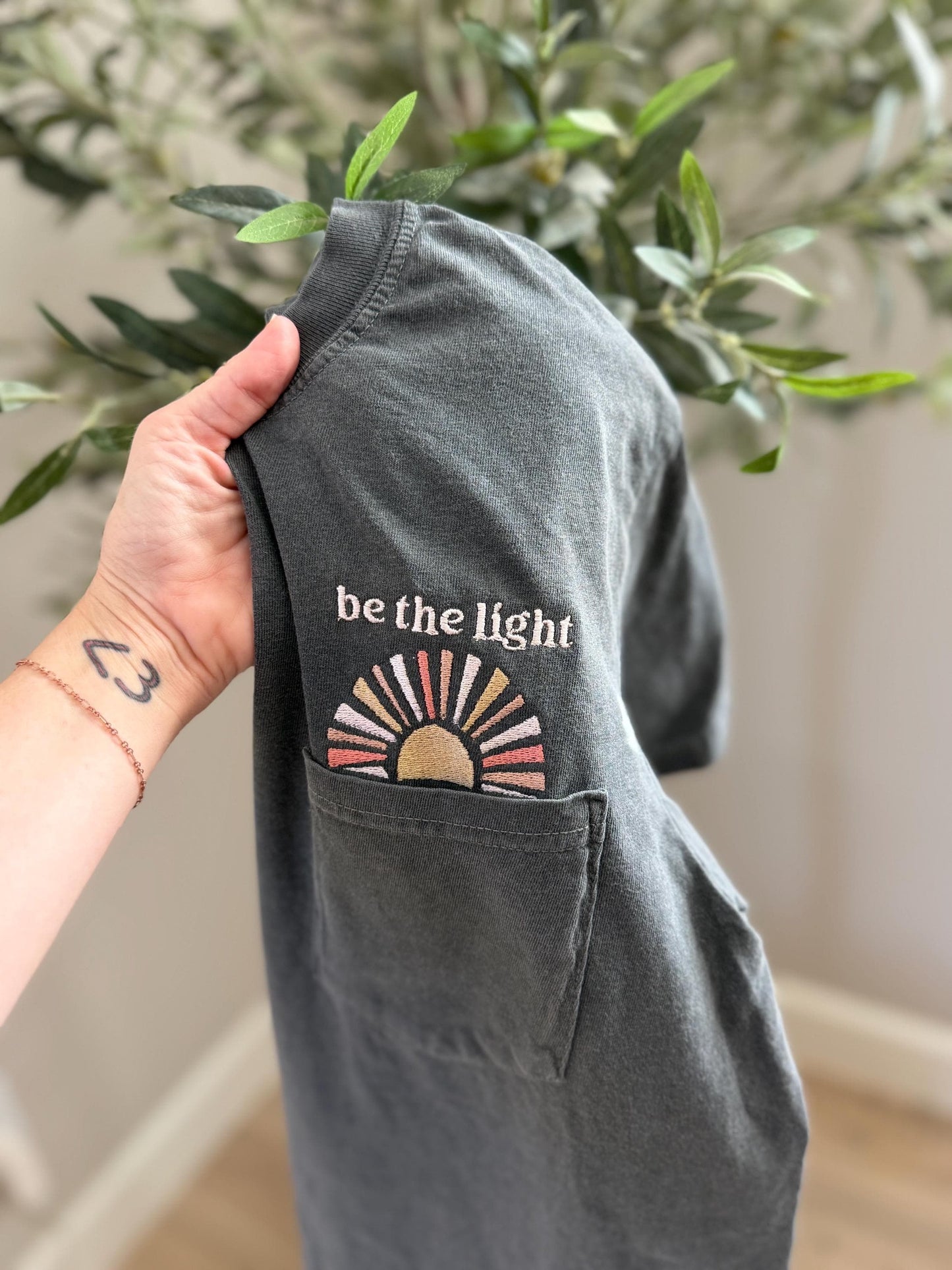 Be The Light Sun Embroidered Pocket Tee - Faith Based Embroidered Shirt - Cute Christian T Shirt - Pocket Design