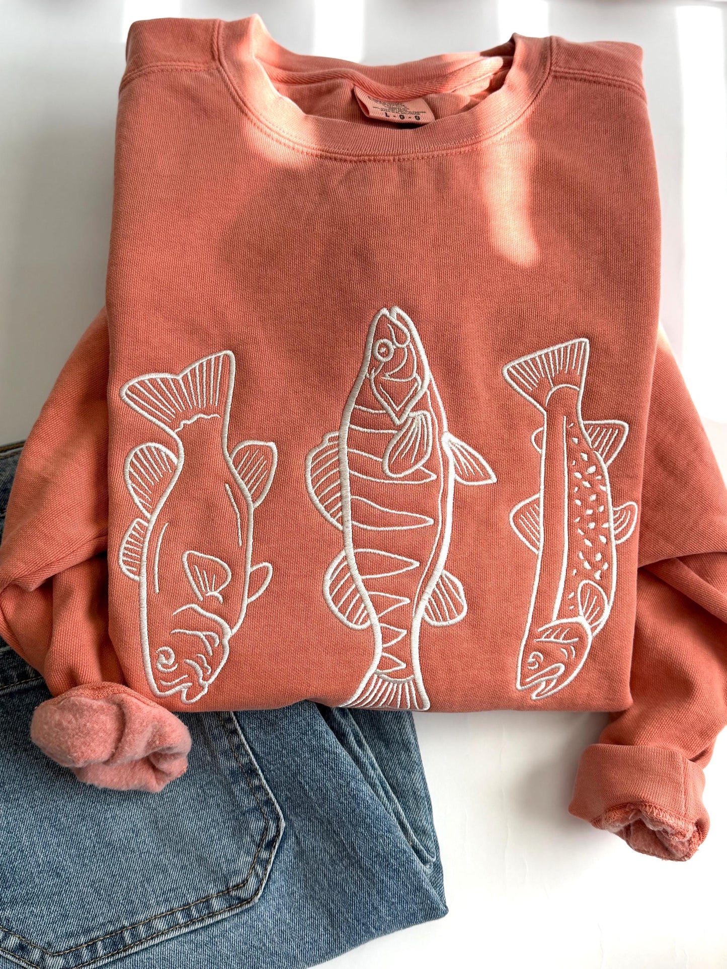 Fish Trio Embroidered Comfort Colors Crewneck - Fishing Sweatshirt - Minimal Fishing Sweater - Trout Trio Sweater