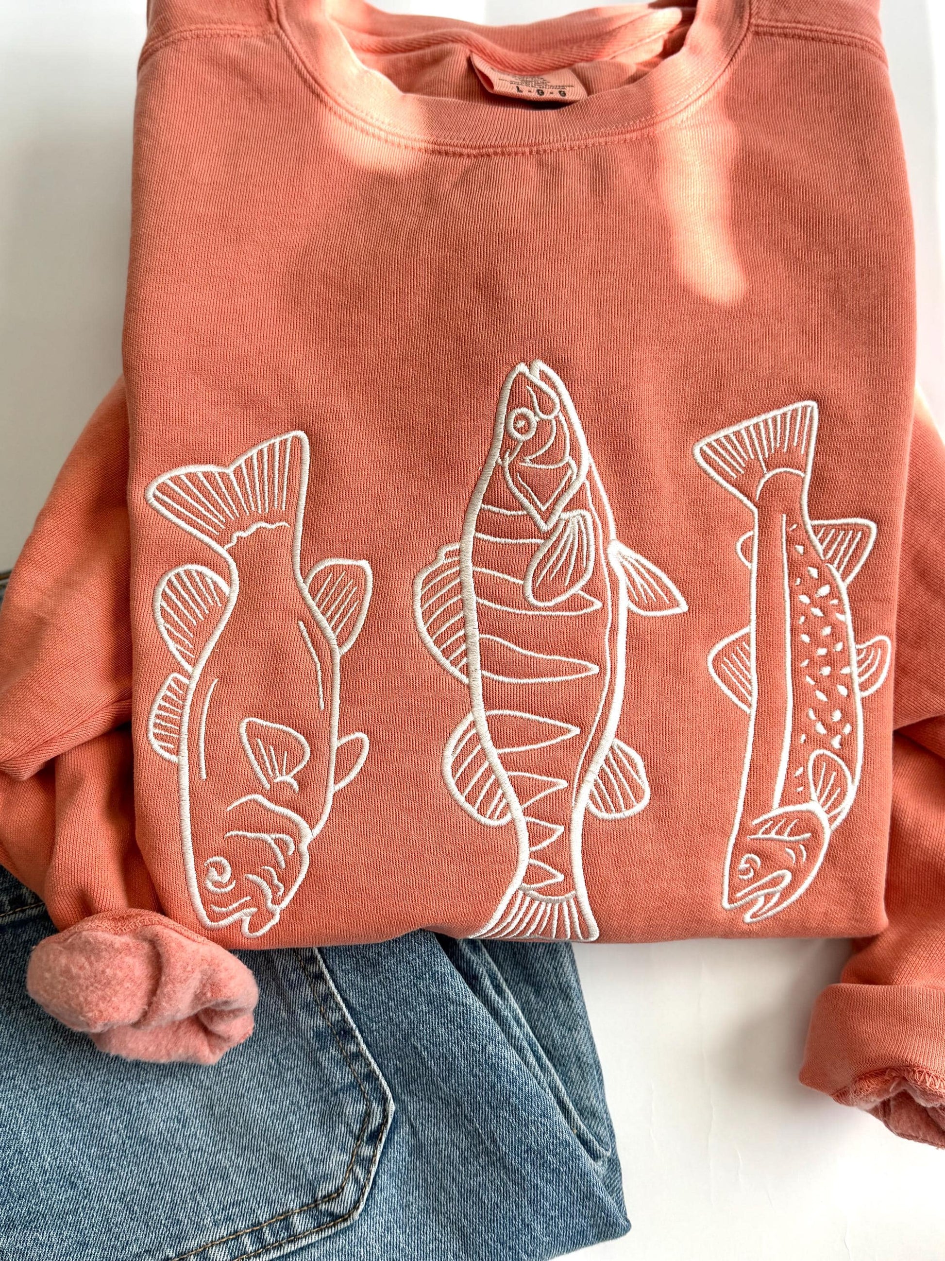 Fish Trio Embroidered Comfort Colors Crewneck - Fishing Sweatshirt - Minimal Fishing Sweater - Trout Trio Sweater