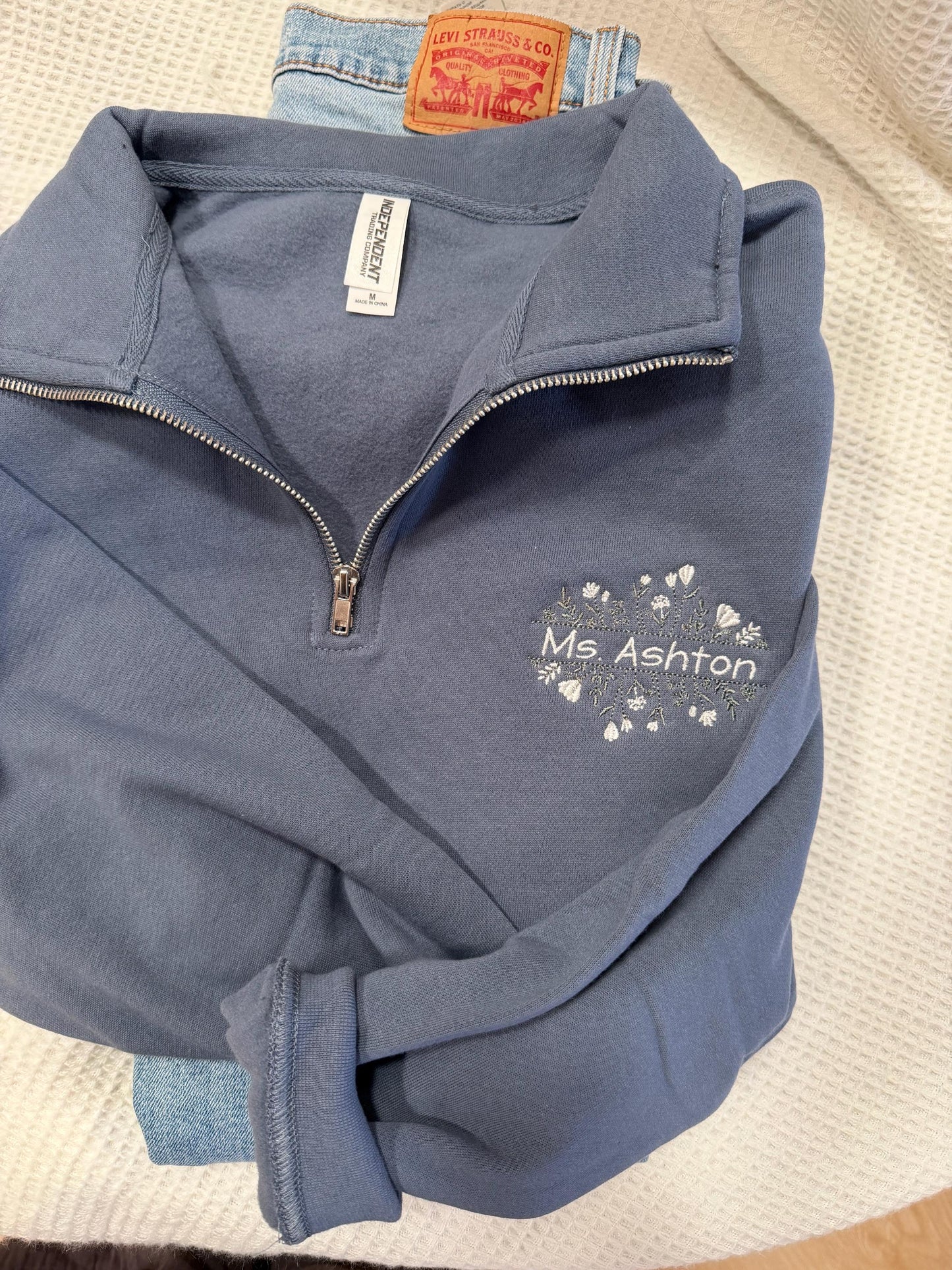 Embroidered Floral Teacher Quarter Zip - Personalized Teacher Gift - Custom Name Teacher Sweatshirt -